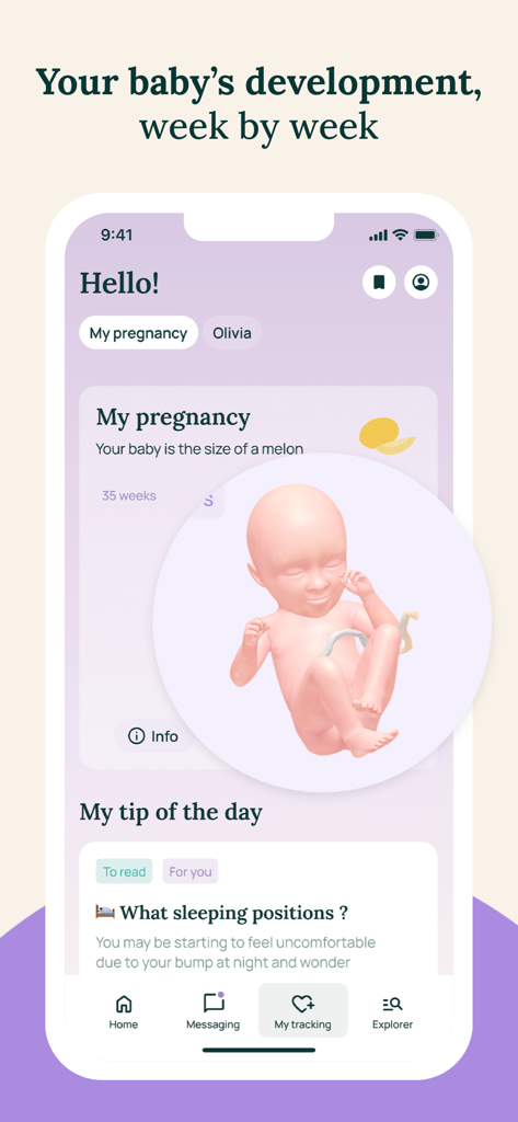 May – Baby, parents - Mayアプリの妊娠追跡画面、妊娠35週目の胎児の発達と毎日の子育てのヒントを表示