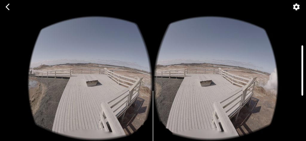Stereoscopic split-screen view of a scenic wooden boardwalk in virtual reality