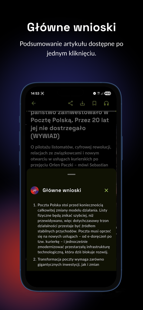 XYZ - Interfaz de la app de noticias XYZ mostrando una función de resumen de artículos con un clic con los puntos clave