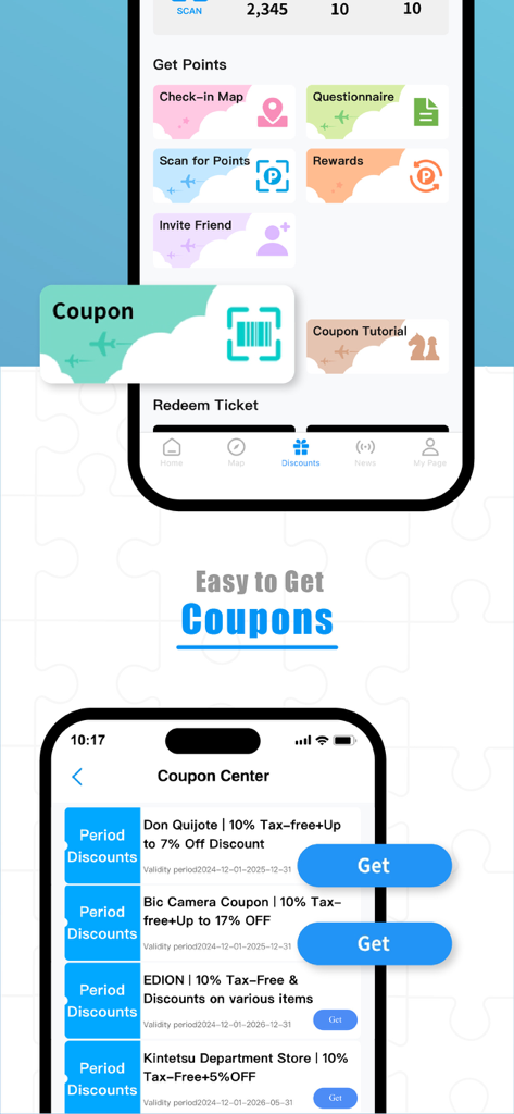 Travel Contents app screens showing how to earn points and access a coupon center for shopping discounts.