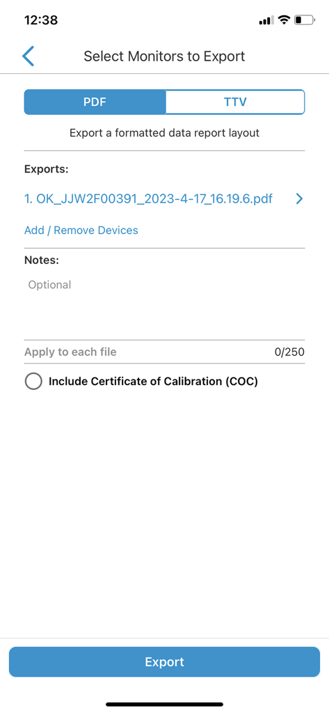 TempTale App - TempTale App screen for selecting monitors to export as PDF or TTV reports