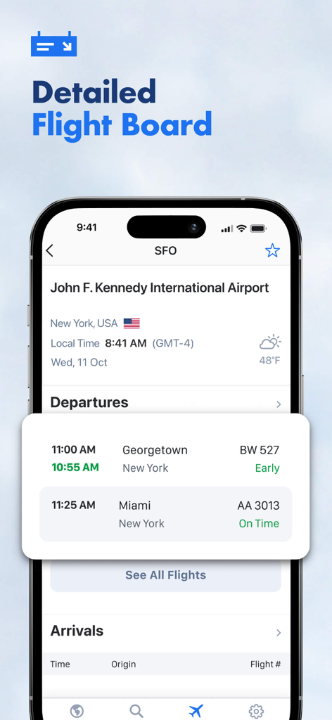 Flight Tracker + - Interface detalhada do quadro de voos no aplicativo Flight Tracker Plus exibindo status de partida para o aeroporto JFK