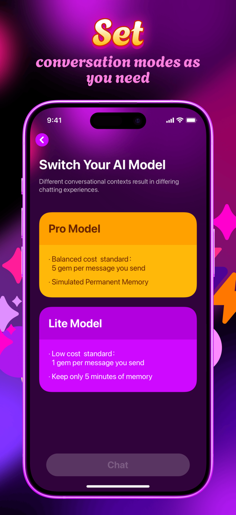 Zepka - Chat, Gather & Cheer - Zepka app screen showing the choice between Pro and Lite AI conversation models