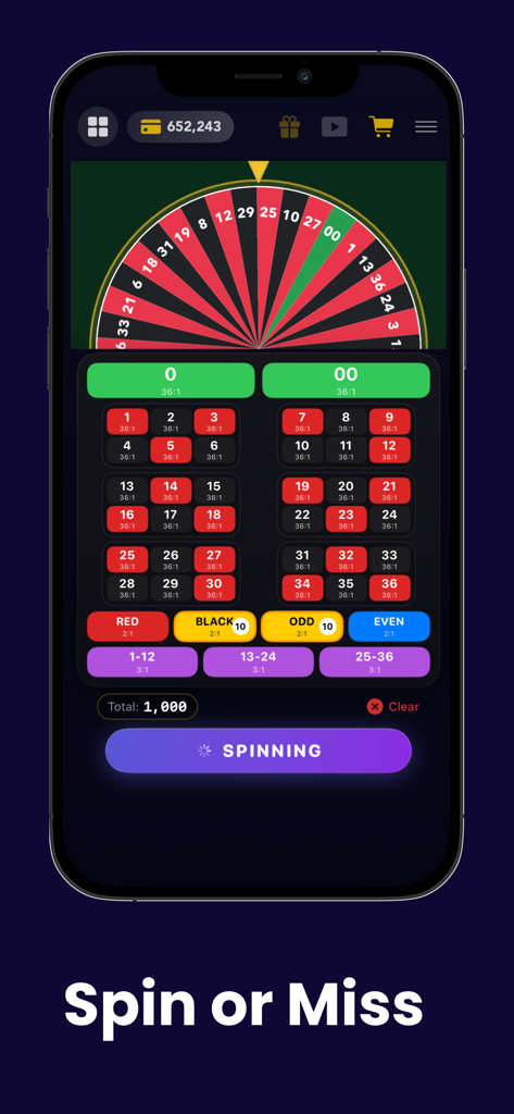 A mobile phone screen showing a roulette game interface within the Crash or Cash app.