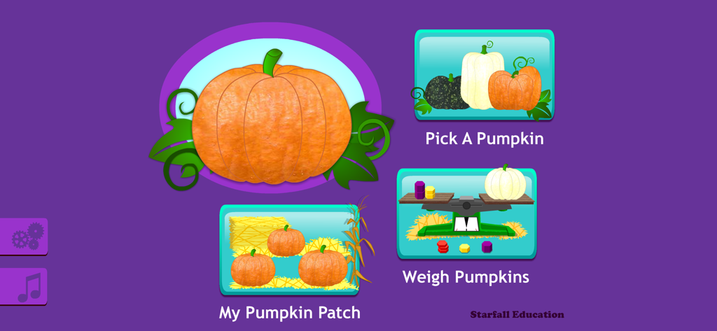 The main menu of the Starfall Pumpkin educational app showing options to Pick a Pumpkin, Weigh Pumpkins, and view My Pumpkin Patch.