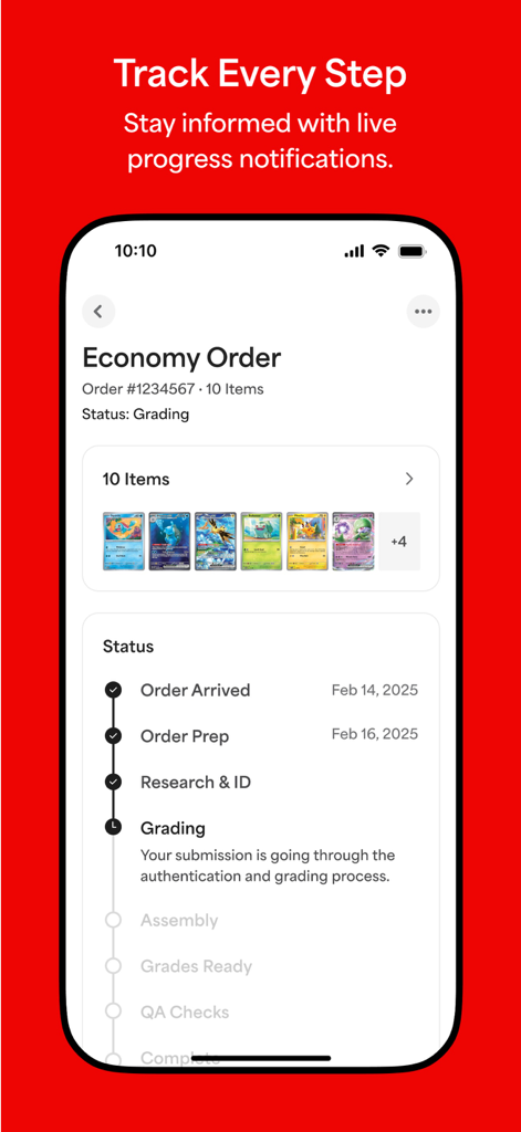 PSA: Card Scanner & Grading - PSA app screen showing the real time status of a card grading order