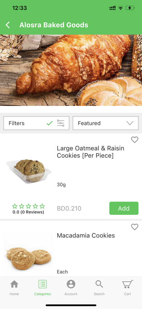Alosra - Alosra mobile app interface showing a variety of baked goods for online purchase
