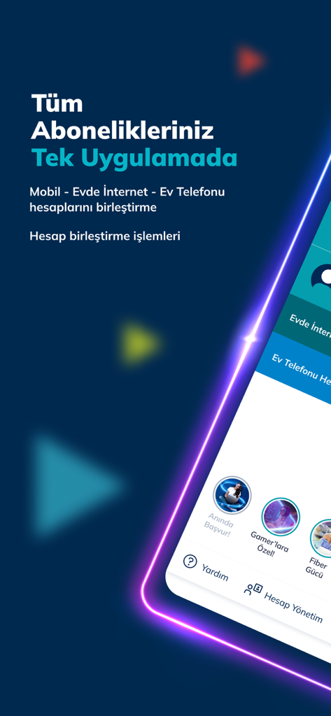 Turk Telekom app interface showing unified management for mobile and home internet subscriptions