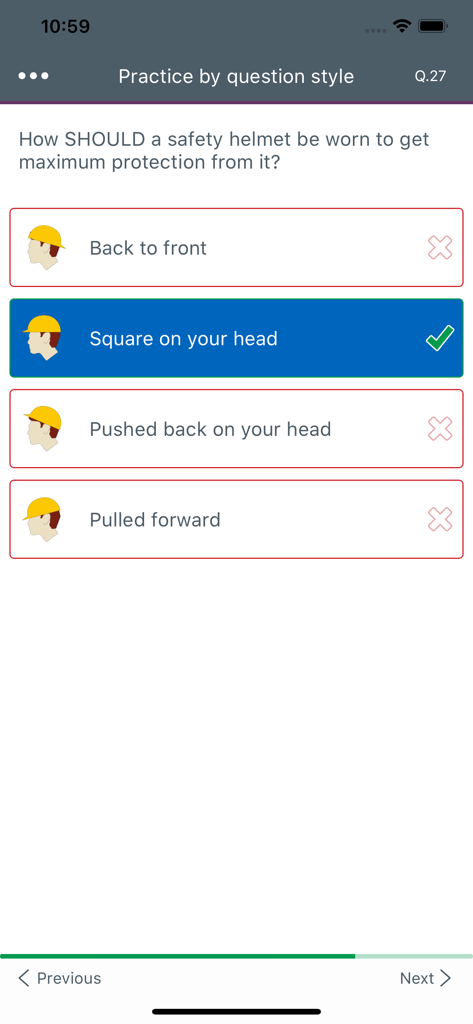 Practice question from the CITB HS&E test app regarding the correct way to wear a safety helmet