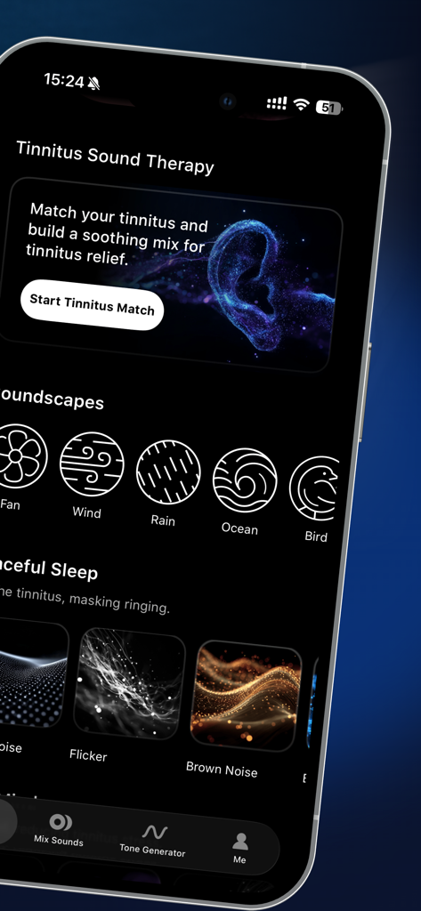 TinniSound: Tinnitus Relief - TinniSound app dashboard showing tinnitus matching tool soundscapes and peaceful sleep noise options for sound therapy