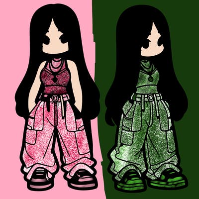 girl in baggy pants crop top and long hair