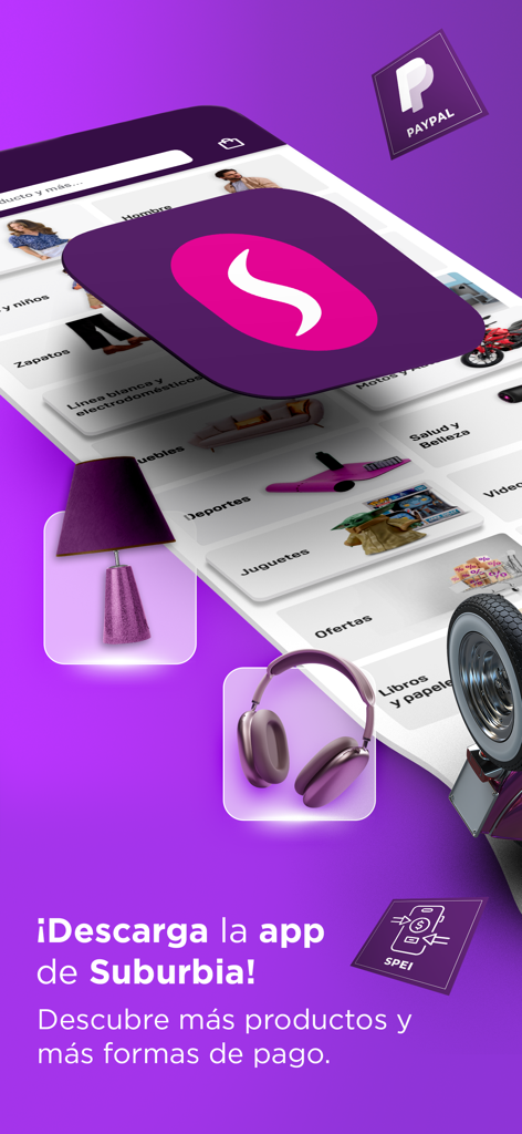 Suburbia online shopping app interface displaying product categories and payment methods like PayPal