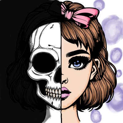 realistic girl with half skull mask