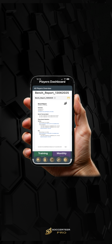 Soccerteer Pro - Una pantalla de teléfono inteligente que muestra un informe profesional del tiempo en el banquillo para estadísticas de fútbol juvenil en Soccerteer Pro.