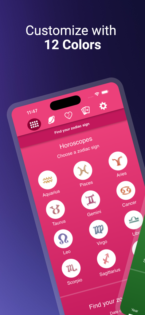 Horoscopes - Interface of the Horoscopes app showing a grid of zodiac sign icons and customization options