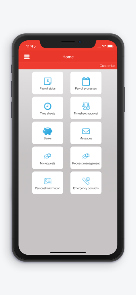 Payroll by Nethris - Home screen of the Payroll by Nethris mobile app displaying options for payroll stubs, time sheets, and request management.