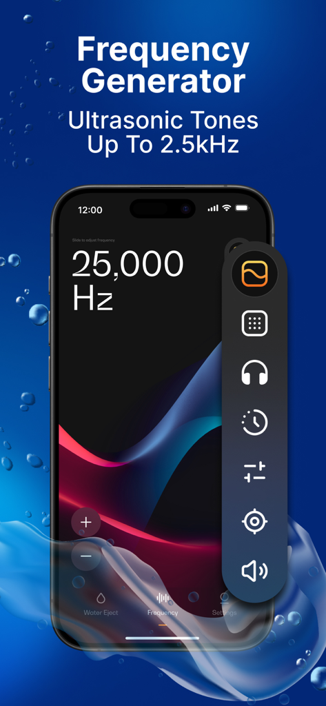 Sonic app interface showing frequency generator with 25000 Hz ultrasonic tone on a smartphone