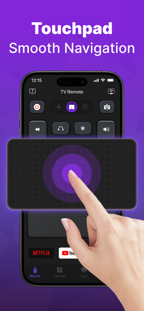Eine Hand benutzt die Touchpad-Funktion auf einem iPhone für eine reibungslose TV-Navigation in der Universal TV Remote App.