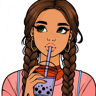 realistic girl with braided hair drinking boba