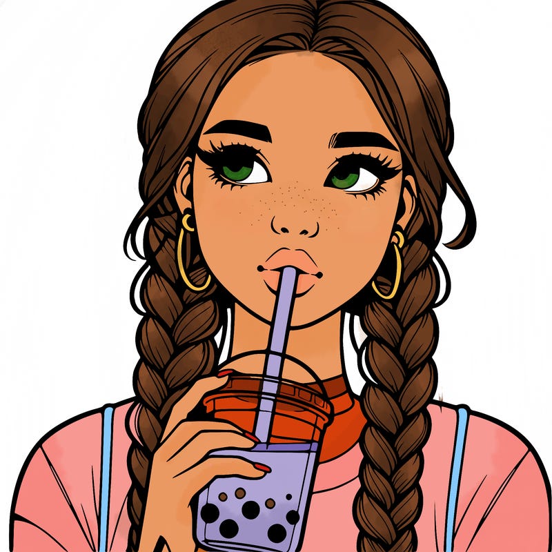 realistic girl with braided hair drinking boba