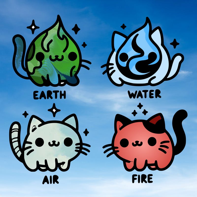 4 cats that represent the different elements, earth, water, air, and fire