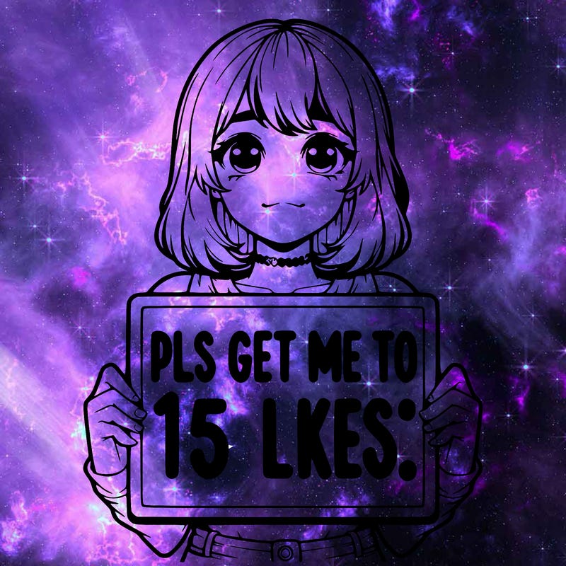 realistic girl holding up a sign that says “pls get me to 15 likes!”