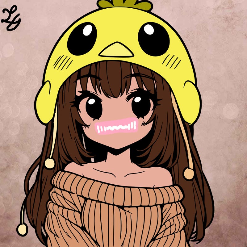 anime girl with chick shaped hat with sweater with bare shoulders with bangs covering them one eye with low tail