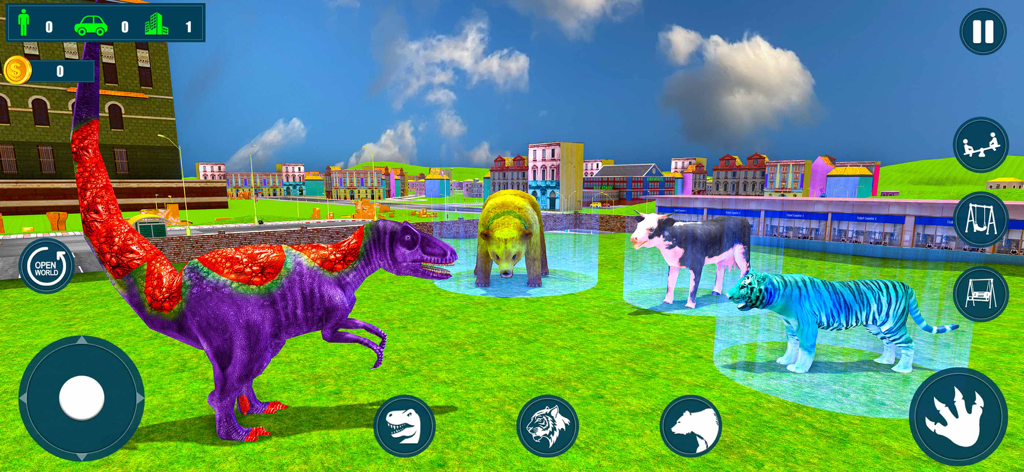 Jurassic Dinosaur Survival 3D - Um dinossauro roxo ao lado de um urso, vaca e tigre azul em um ambiente de cidade de Jurassic Dinosaur Survival 3D