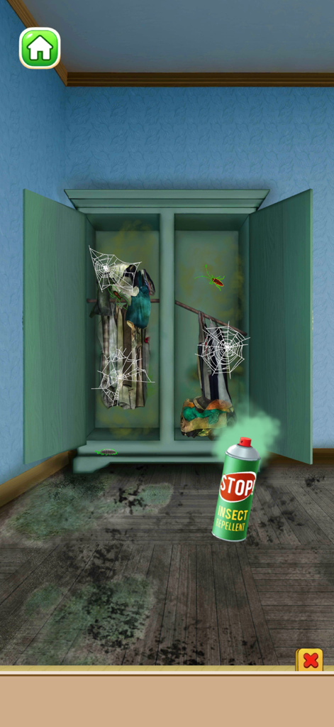 Home Makeover Tidy ASMR - Un armario verde desordenado con telarañas al que se rocía repelente de insectos en un juego de renovación del hogar