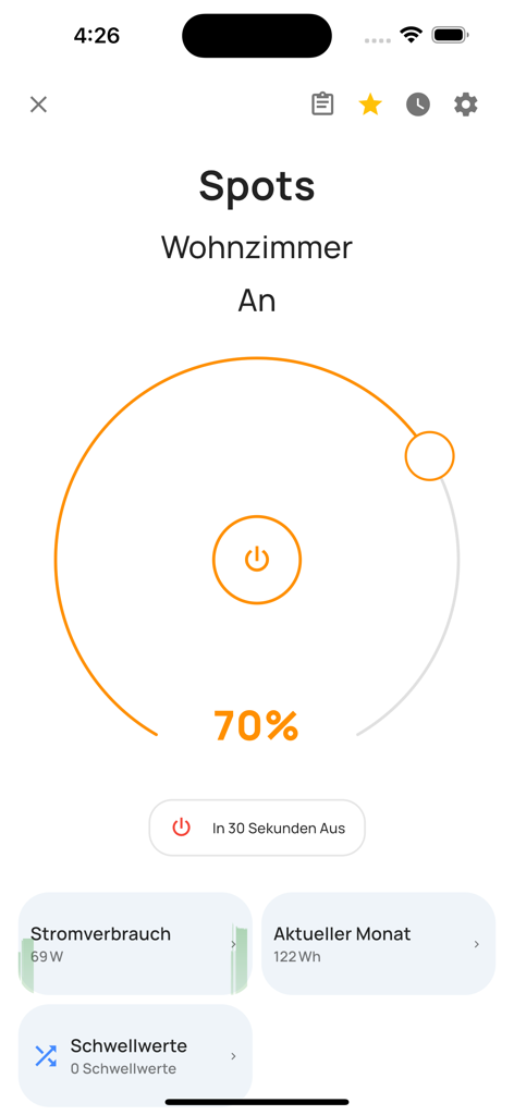 everHome - everHome app interface for controlling living room light spots and monitoring energy consumption