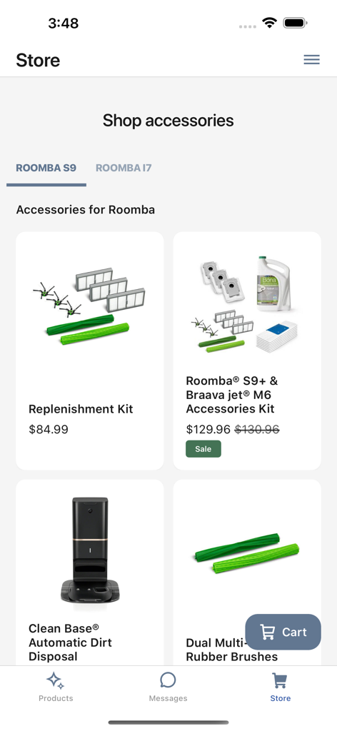 Loja da aplicação iRobot Home a mostrar acessórios e kits para o Roomba.