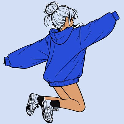 realistic girl jumping with a bun and oversized sweatshirt