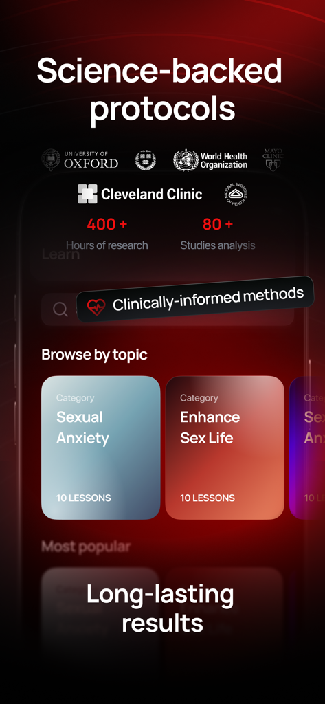 Stamena app interface showing clinical research and science backed protocols for sexual health