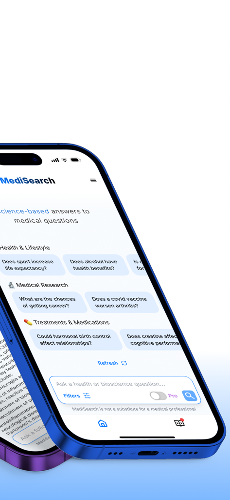 Interfaz de la aplicación MediSearch AI que muestra categorías de búsqueda médica basadas en ciencia y preguntas de salud