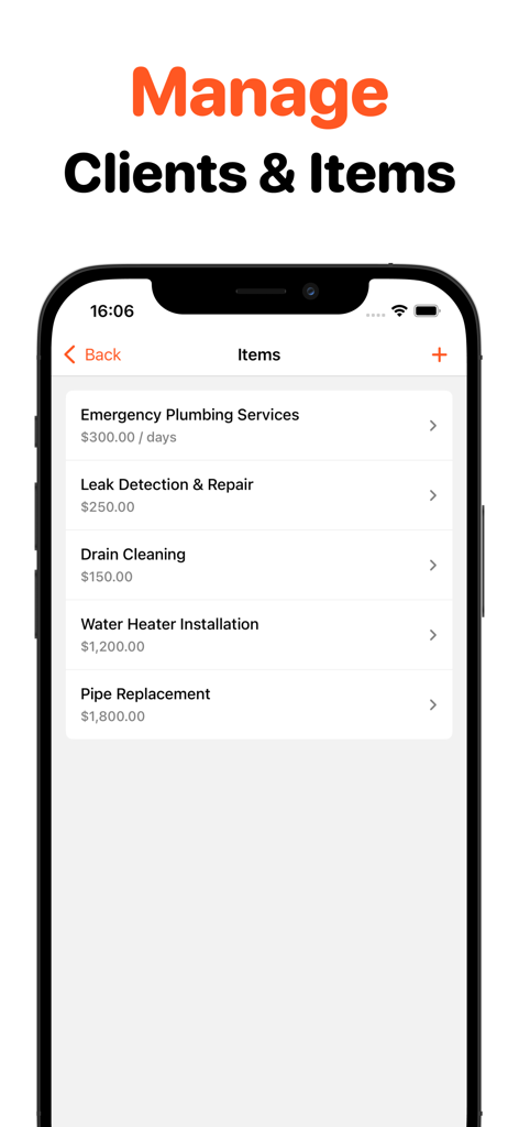 Easy Invoice Maker • Estimate - A mobile app screen displaying a list of service items and prices for plumbing business management