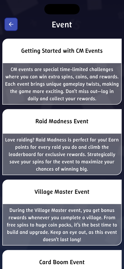 A guide screen listing Coin Master events such as Raid Madness and Village Master with reward details