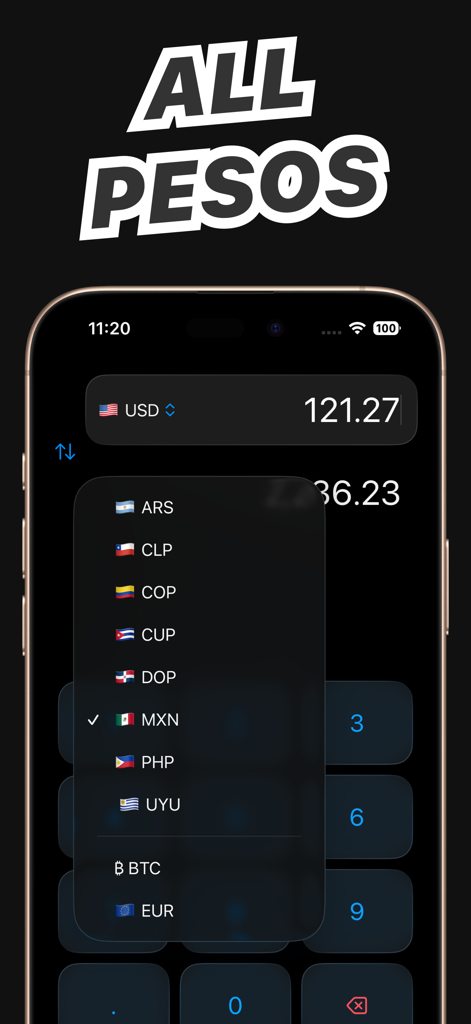 Pesos to Dollars - Conversion - A currency converter app showing a selection menu for different types of pesos including Mexican, Colombian, and Philippine pesos.