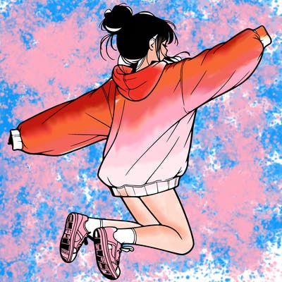 realistic girl jumping with a bun and oversized sweatshirt