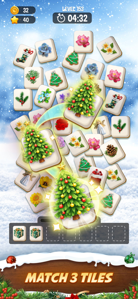 Zen Blossom: Flower Tile Match - 눈 덮인 배경에서 매치되는 크리스마스 트리 타일을 보여주는 겨울 테마의 Zen Blossom 레벨