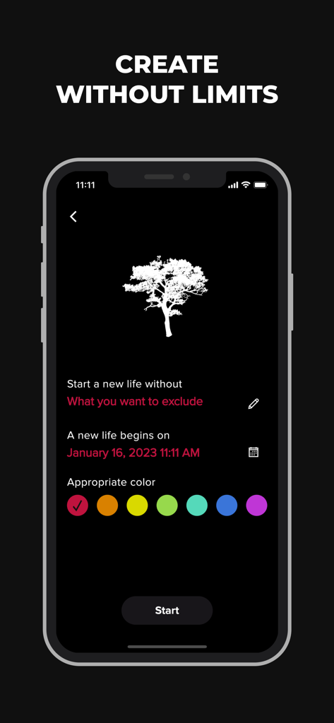 Bad Habit Break - Interface do aplicativo móvel para configurar um novo objetivo de rastreamento de hábitos com personalização de cores