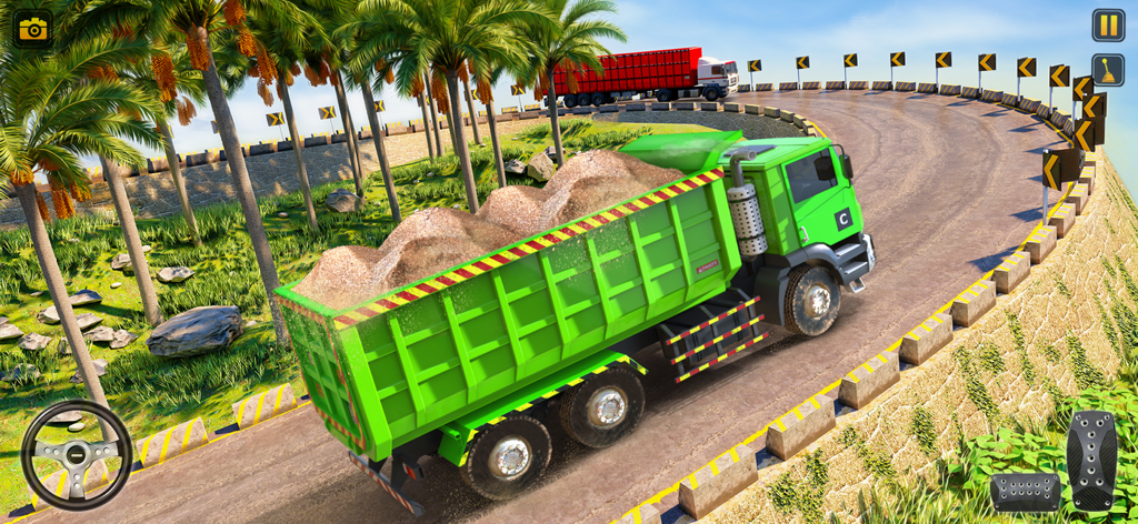 Un camión volquete verde conduciendo por una carretera sinuosa con palmeras en un juego de simulación 3D