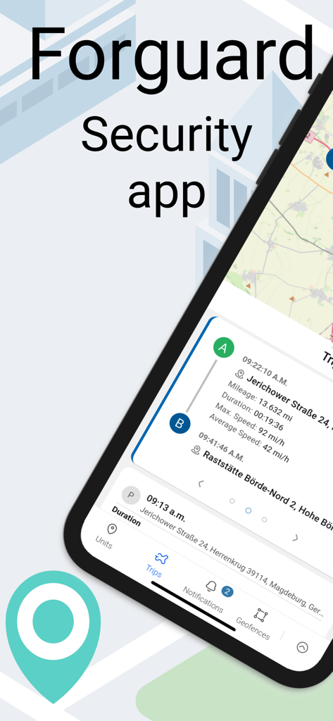 Forguard - Security app - Forguard security app interface showing real-time trip history and telemetry data