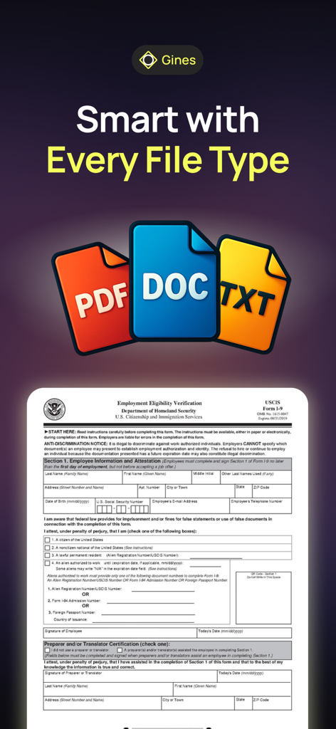 AI mini apps: Gines - Gines app interface showing smart AI processing for PDF DOC and TXT file formats
