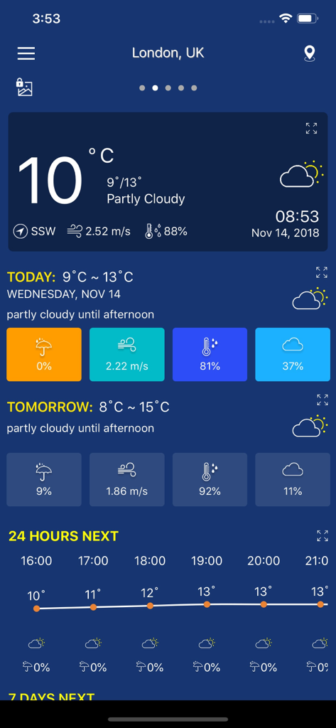 Accurate Weather forecast pro - Mobile dashboard of Accurate Weather forecast pro showing daily and hourly forecasts with wind and humidity data