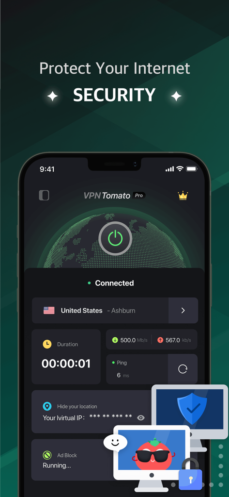 VPN Tomato Pro - Fast & Secure - VPN Tomato Pro app interface showing a secure connection to a US server