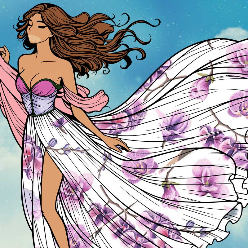 realistic woman in dress flowing the the wind