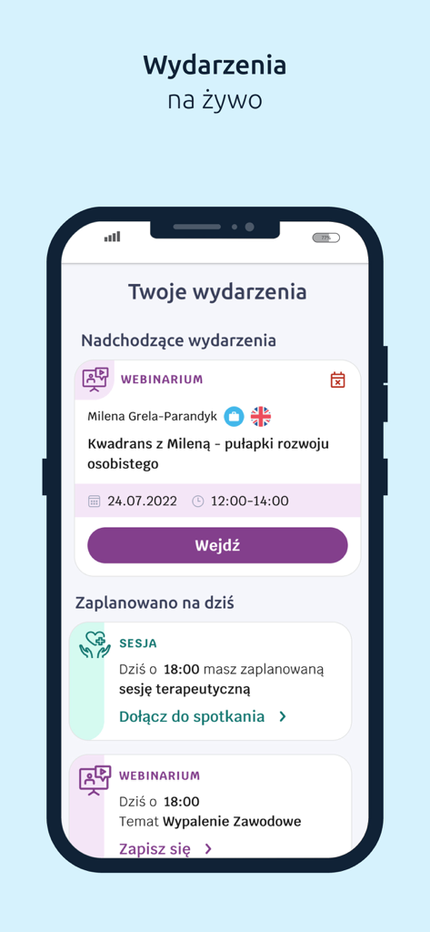 Helping Hand Mental Health App - Helping Hand app screen displaying upcoming live webinars and therapy sessions schedule