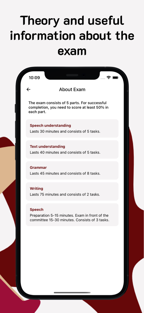 A screen detailing the structure of the Polish B1 exam including speech, text, grammar, and writing sections.