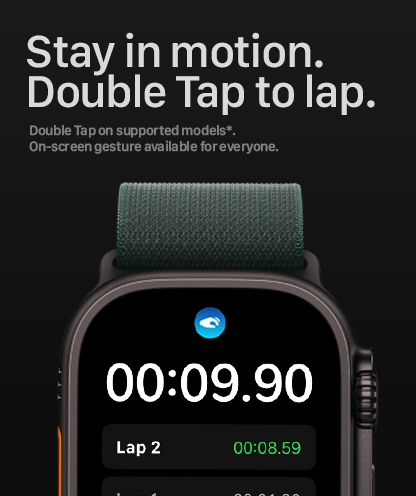 App Stopwatch Max en Apple Watch Ultra mostrando el gesto de doble toque para registrar vueltas