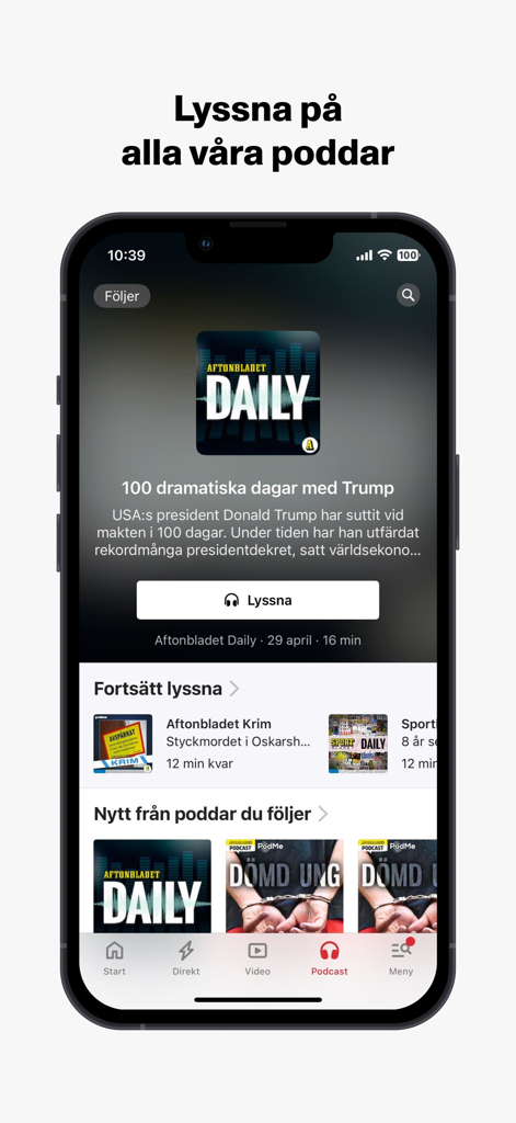 Screenshot mobile della sezione podcast dell'app Aftonbladet Nyheter con Aftonbladet Daily